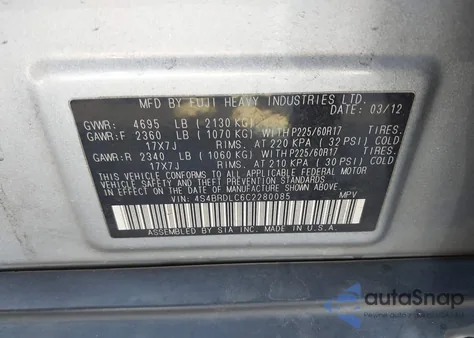 2012 Subaru Outback 3.6R Limited from USA, damaged, VIN 4S4BRDLC6C2280085